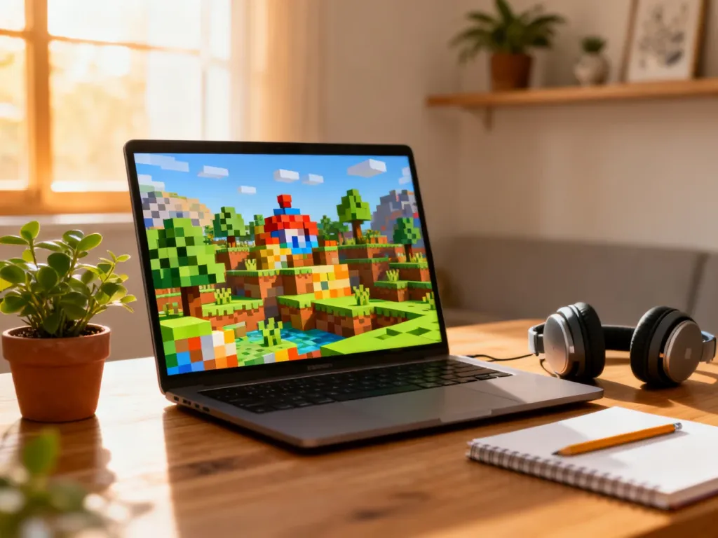 Przytulne biurko z laptopem pokazującym kolorowy świat Minecraft, zachęcające początkujących do kreatywnej gry i budowania.