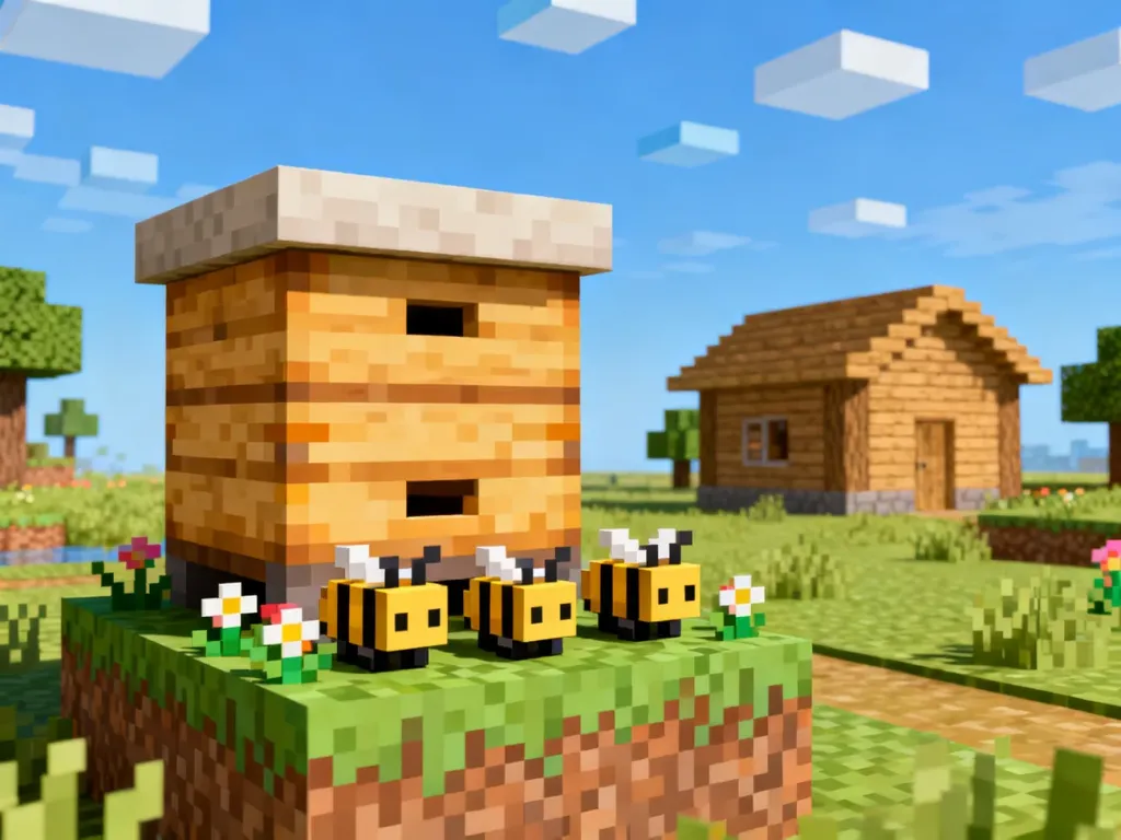 Ul z pszczołami w stylu Minecraft na trawie z kwiatami, w tle prosta drewniana chatka i drzewa w słoneczny dzień.