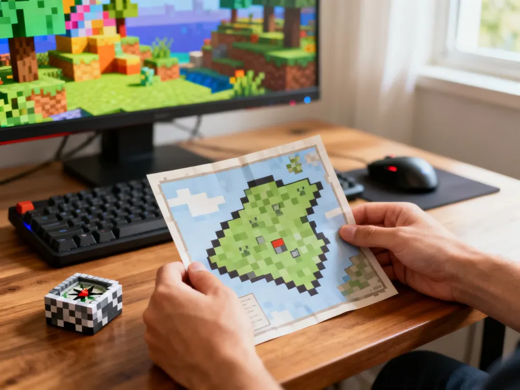Gracz trzyma prostą, pikselową mapę Minecraft przy biurku gamingowym, obok leży kompas i widać kolorowy świat gry na monitorze.