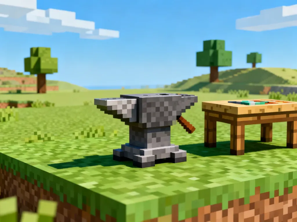 Kowadło i stół rzemieślniczy w stylu Minecraft na trawie, ukazujące efekt stworzenia kowadła w grze