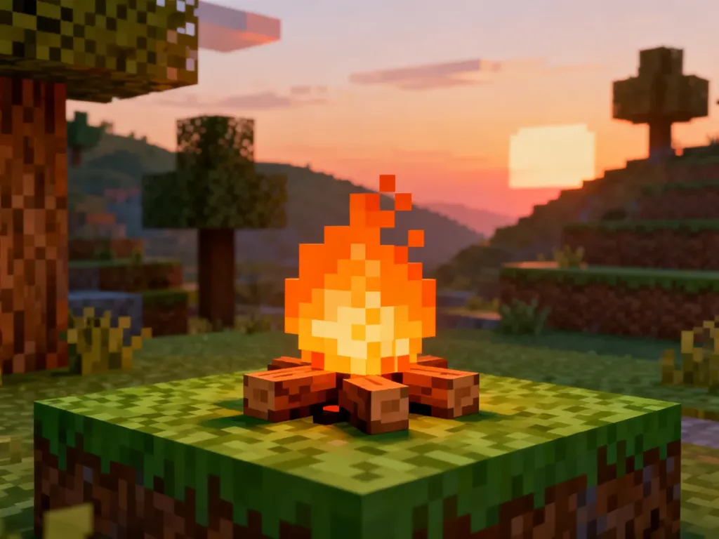 Proste ognisko z drewnianych klocków w Minecraft na trawie, otoczone bloczkowymi drzewami i wzgórzami o zachodzie słońca