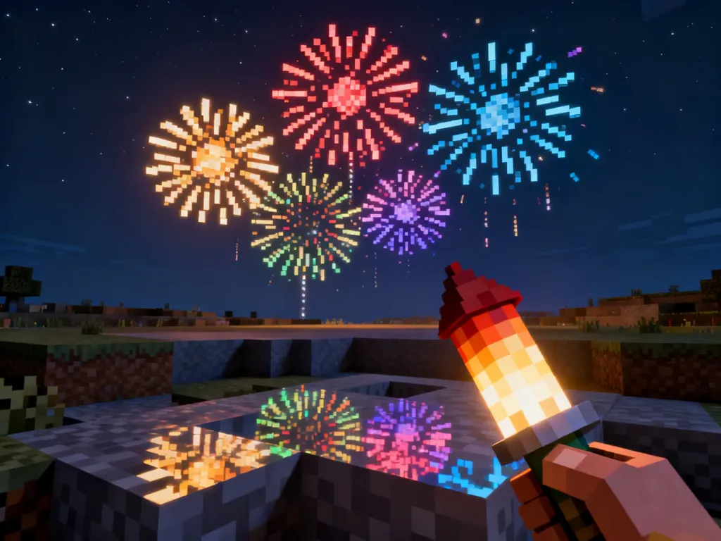 Kolorowe fajerwerki w Minecraft na nocnym niebie, widok z perspektywy gracza trzymającego rakietę w ręce