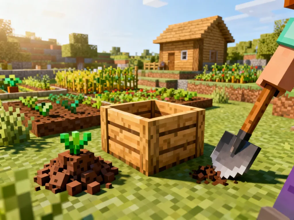 Kompostownik w Minecraft obok sterty ziemi i roślin, gracz trzyma drewnianą łopatę przy ogrodzie i małym domku