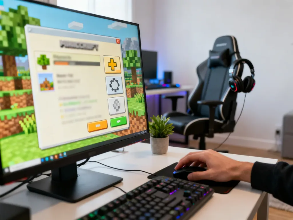 Gracz sięga po klawiaturę przed monitorem z menu Minecraft, sugerując zmianę ustawień, np. wyłączenie narratora.