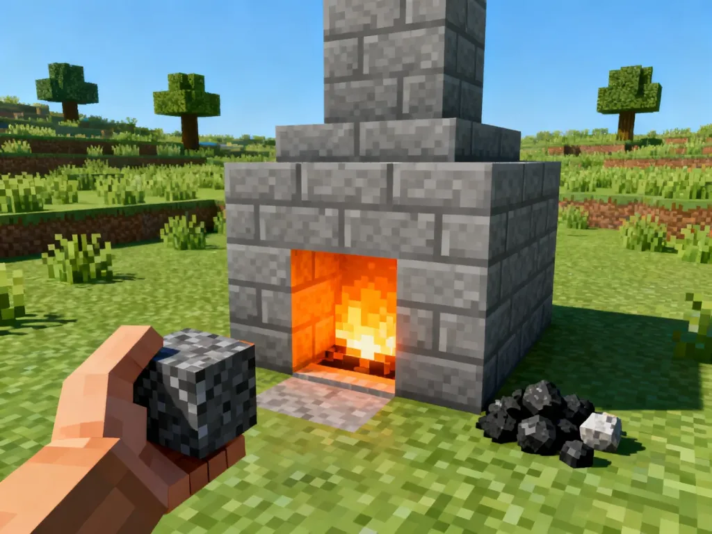 Prosty piec hutniczy w Minecraft z płonącym wnętrzem, gracz trzyma rudę żelaza obok stosu rud i węgla