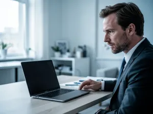 Zfrustrowany mężczyzna siedzący przed monitorem z komunikatem o błędzie podczas instalacji systemu Windows.