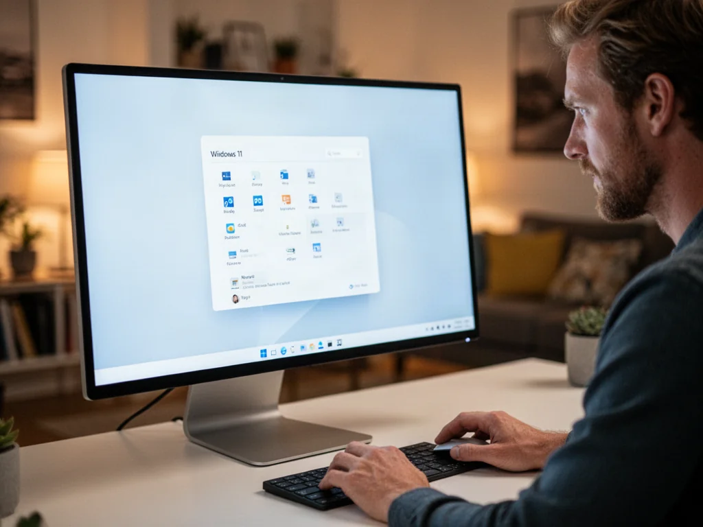 Mężczyzna korzystający z myszki przy komputerze z systemem Windows 11 w przytulnym domowym biurze.