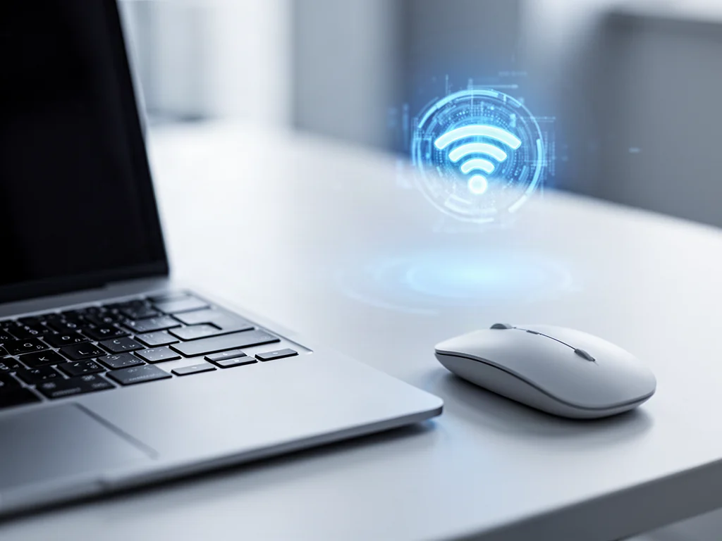 Nowoczesny laptop z myszką bezprzewodową na biurku oraz cyfrowa ikona łączności symbolizująca technologię Bluetooth.