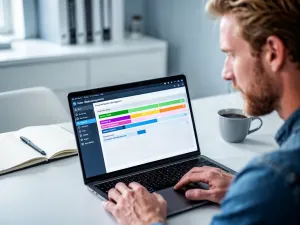Osoba pracująca na laptopie przy biurku, zmieniająca ustawienia zabezpieczeń systemu w Windows 11.