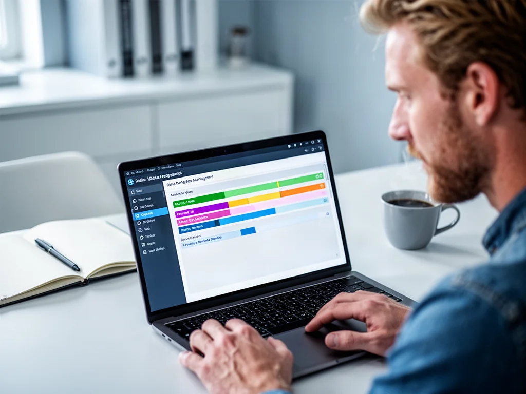 Mężczyzna przy laptopie z otwartym narzędziem do zarządzania dyskami w systemie Windows 11.