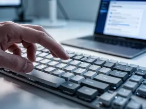 Osoba pracująca na laptopie przy biurku, zmieniająca ustawienia zabezpieczeń systemu w Windows 11.