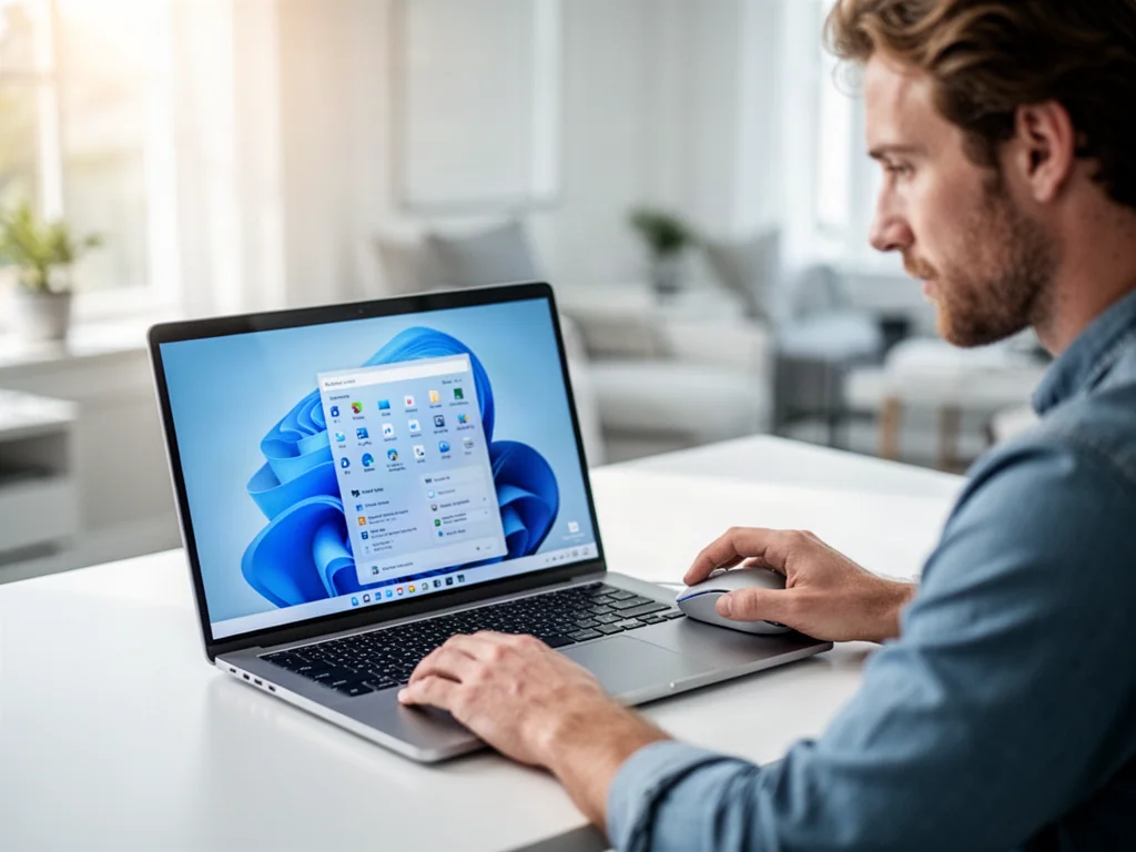 Mężczyzna pracujący przy laptopie z systemem Windows 11 w nowoczesnym, jasnym biurze domowym.