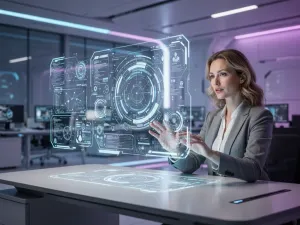 Kobieta przy laptopie zarządza plikami, zwalniając miejsce na dysku w nowoczesnym biurze.