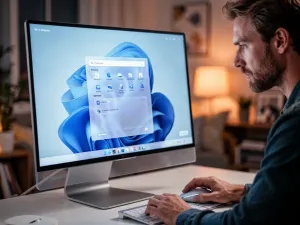 Skupiony mężczyzna pracujący przy laptopie w nowoczesnym domowym biurze.