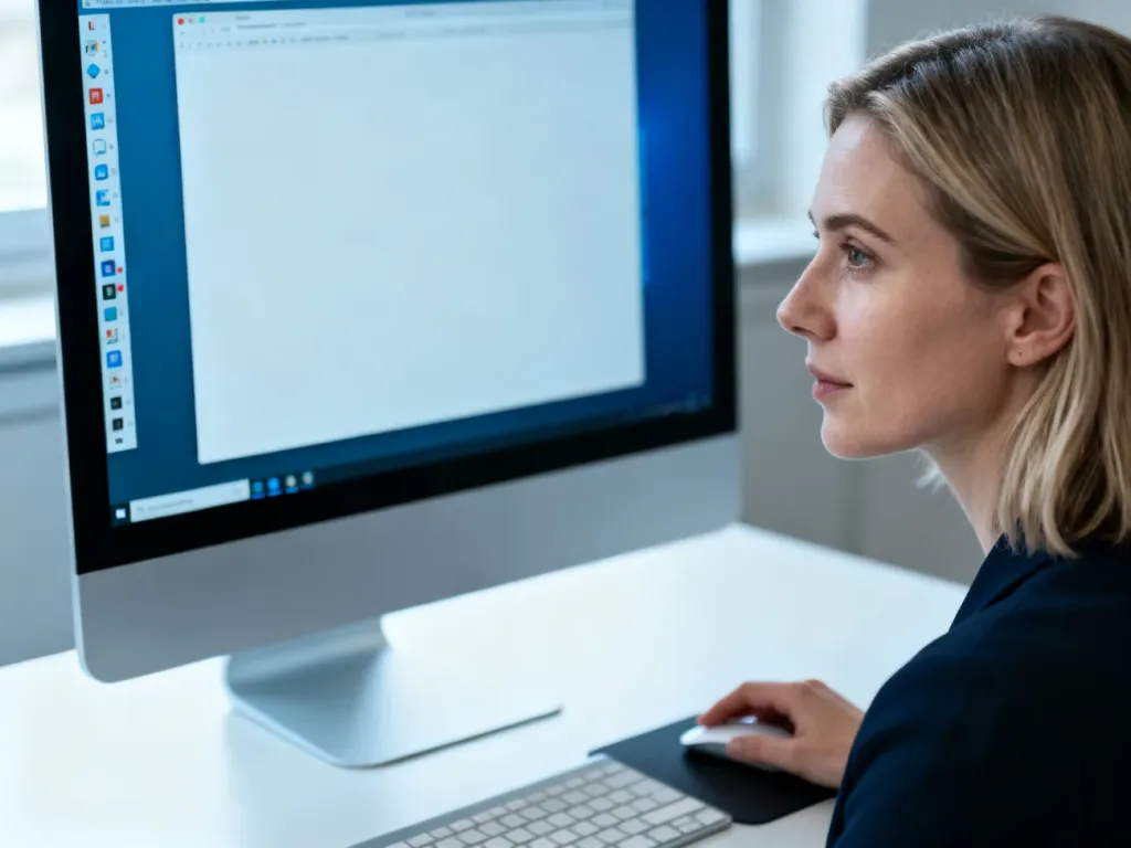 Kobieta pracująca przy komputerze z paskiem zadań systemu Windows 11 ustawionym po lewej stronie ekranu.