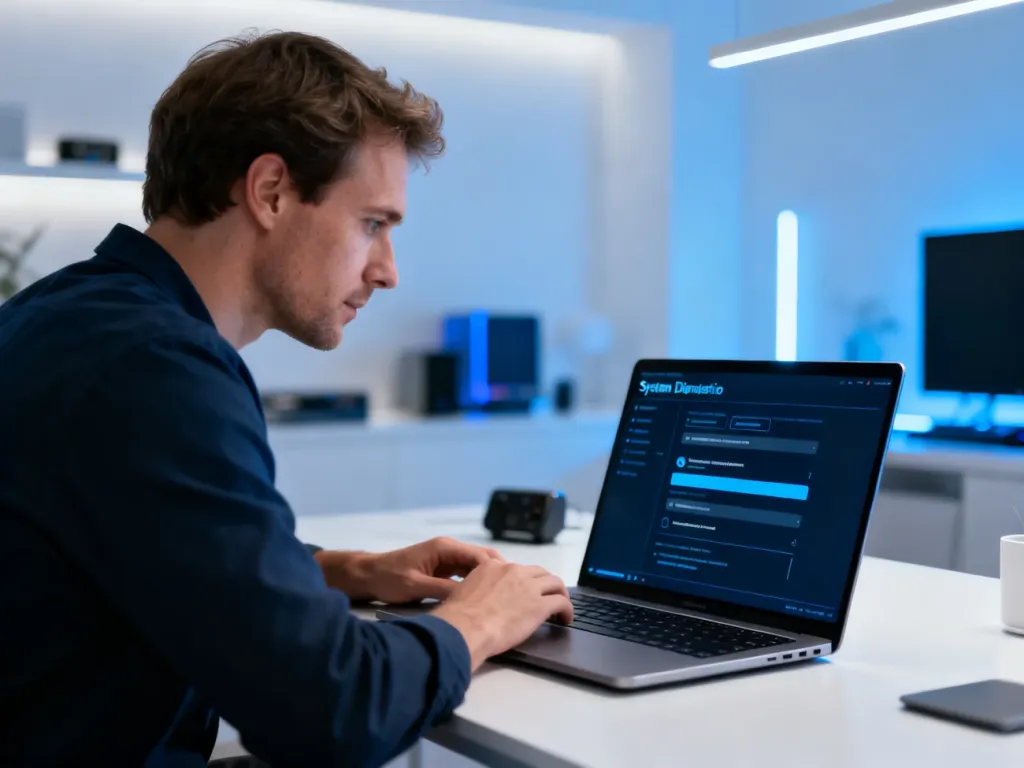 Mężczyzna przy biurku sprawdza ustawienia systemowe na laptopie, weryfikując kompatybilność sprzętu z Windows 11.