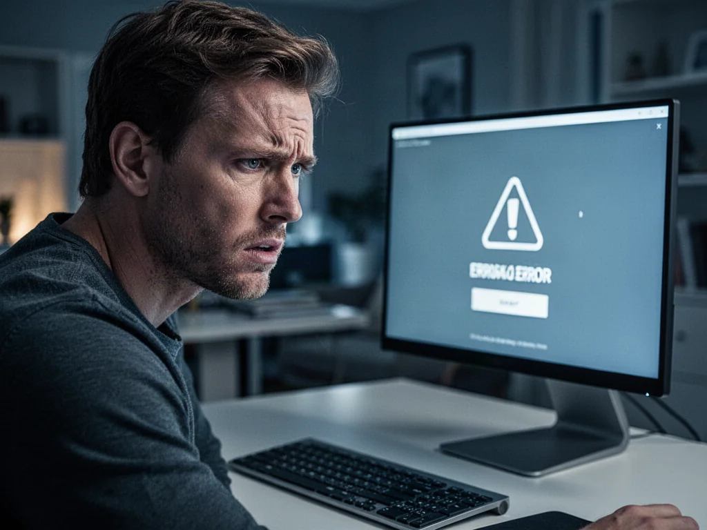 Zfrustrowany mężczyzna siedzący przed monitorem z komunikatem o błędzie podczas instalacji systemu Windows.