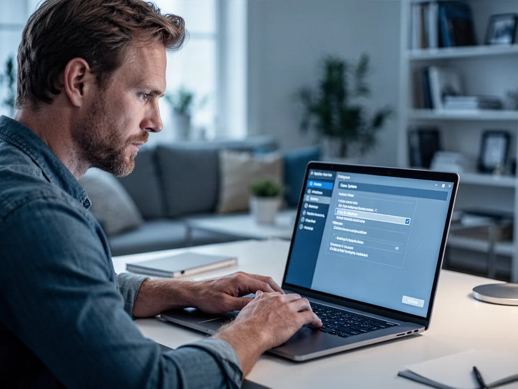 Mężczyzna skupiony na pracy przy laptopie, na którego ekranie widoczne są ustawienia systemowe Windows 11.