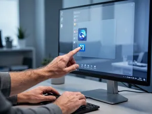 Mężczyzna przy komputerze dostosowuje ustawienia przezroczystego paska zadań w systemie Windows 11 w domowym biurze.