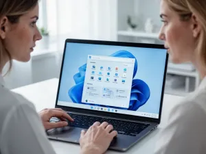 Mężczyzna pracujący przy laptopie w przytulnym domowym biurze, przygotowujący się do zmiany ustawień konta w systemie Windows.
