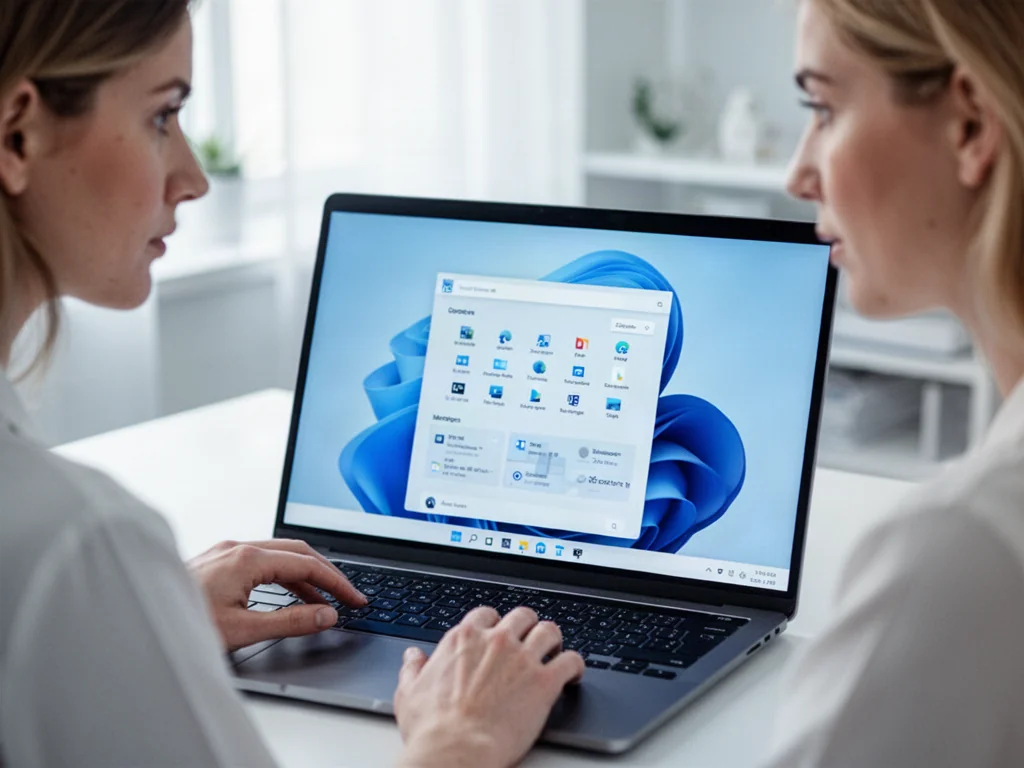 Kobieta wykonująca zrzut ekranu na laptopie z systemem Windows 11 w jasnym biurze.