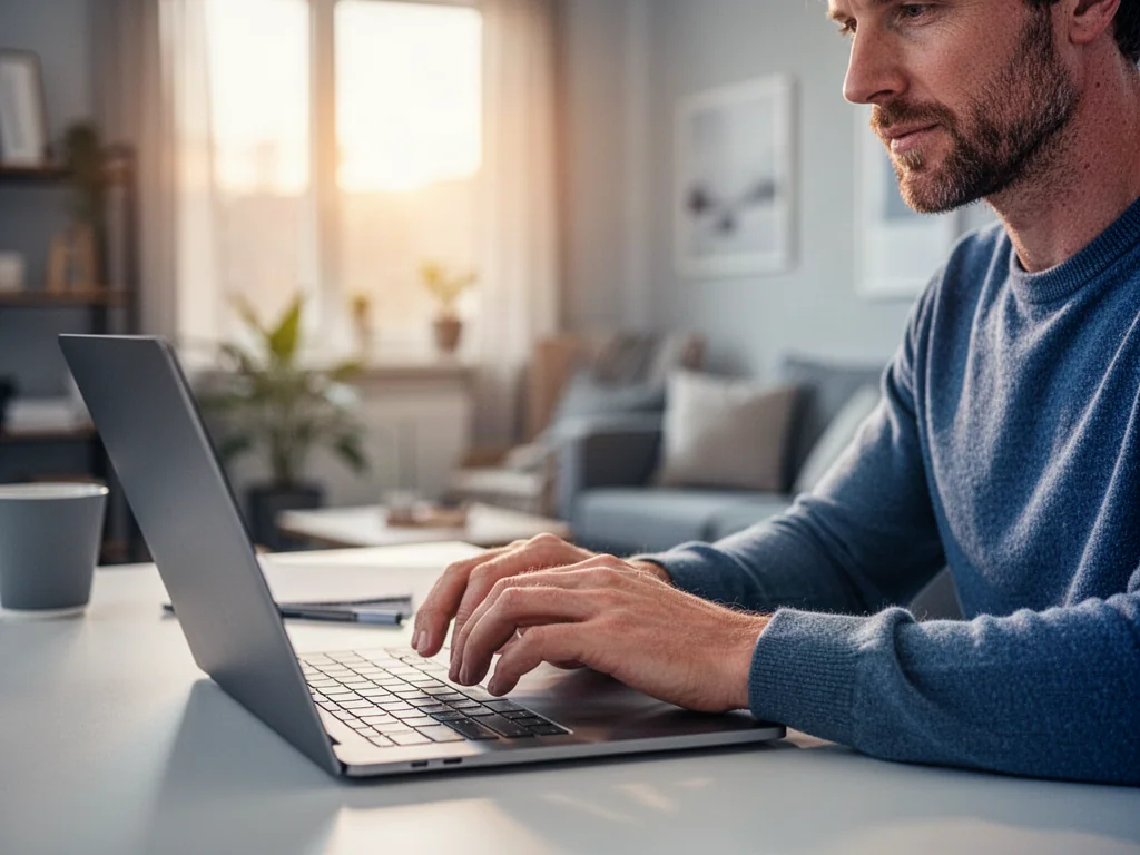 Mężczyzna pracujący przy laptopie w przytulnym domowym biurze, przygotowujący się do zmiany ustawień konta w systemie Windows.