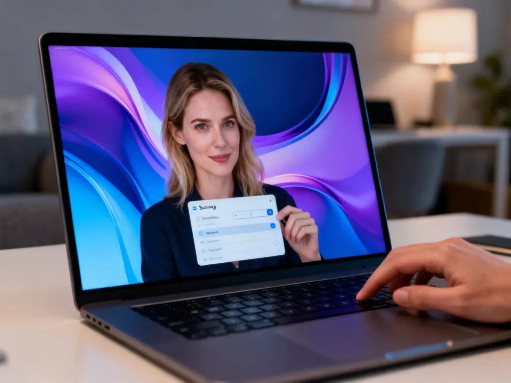 Kobieta zmienia ustawienia tapety na ekranie nowoczesnego laptopa w przytulnym domowym biurze.