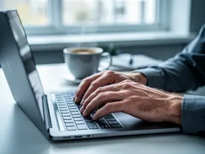 Mężczyzna pracujący przy laptopie z otwartym interfejsem pulpitu zdalnego w nowoczesnym domowym biurze.