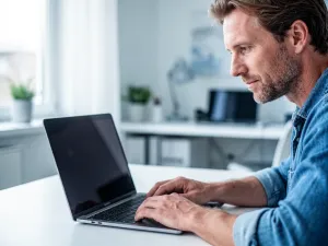 Mężczyzna pracujący przy laptopie w nowoczesnym biurze, na którego ekranie widoczny jest interfejs nagrywania.