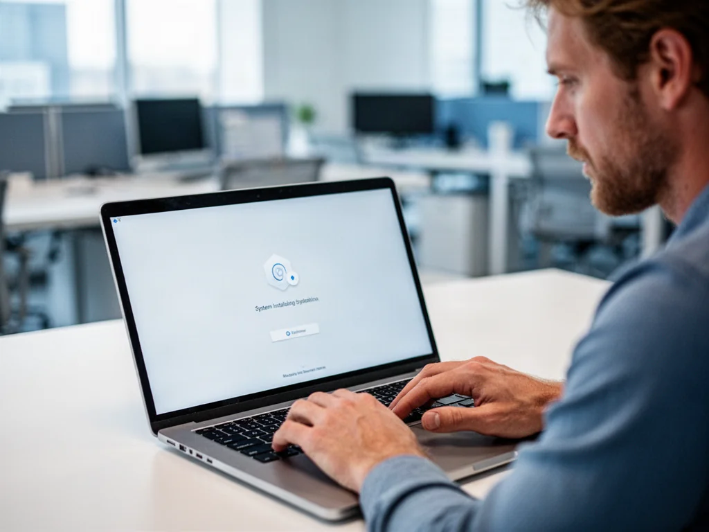 Mężczyzna korzystający z laptopa z widocznym interfejsem instalacji systemu Windows 11 w nowoczesnym biurze.
