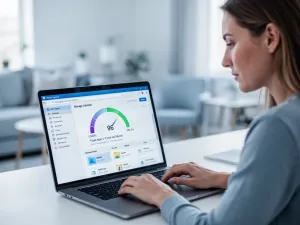 Mężczyzna pracujący przy laptopie z widocznym pulpitem systemu Windows w jasnym, nowoczesnym biurze.