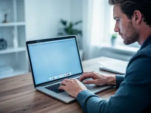 Osoba pracująca na laptopie przy biurku, zmieniająca ustawienia zabezpieczeń systemu w Windows 11.
