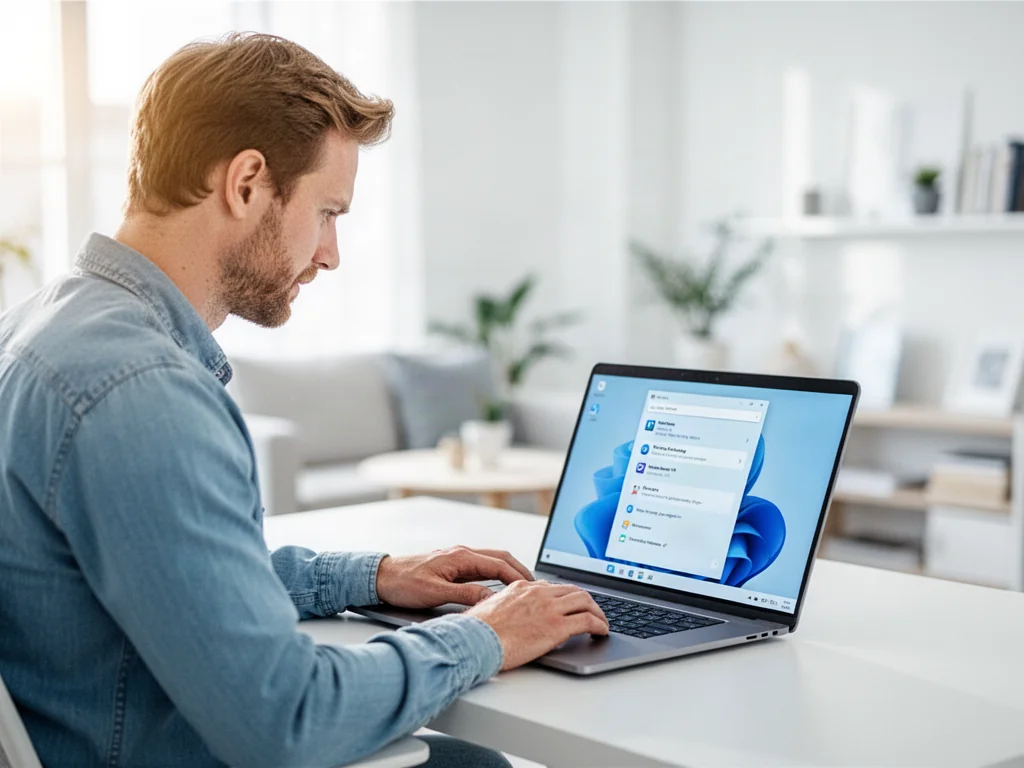 Mężczyzna przy biurku konfiguruje ustawienia systemu Windows 11 na laptopie w jasnym, nowoczesnym biurze.