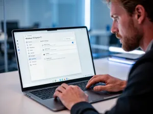 Mężczyzna pracujący przy laptopie w nowoczesnym biurze, ilustrujący proces konfiguracji ustawień systemu Windows 11.