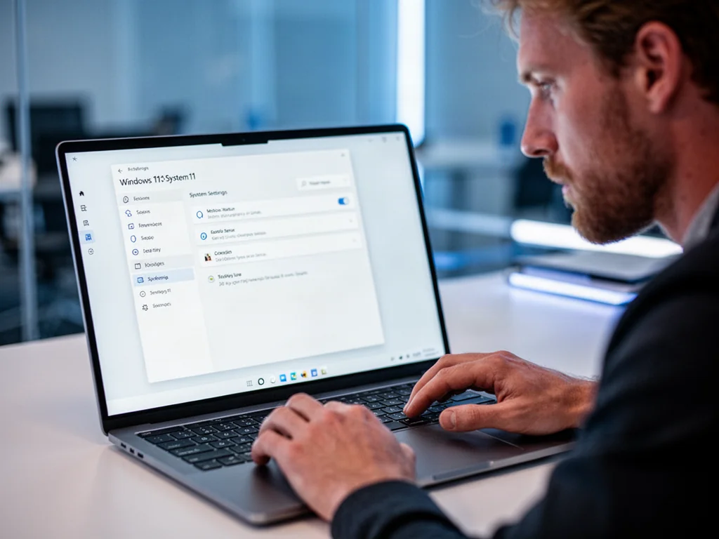 Mężczyzna korzystający z ustawień systemu Windows 11 na laptopie w nowoczesnym biurze.