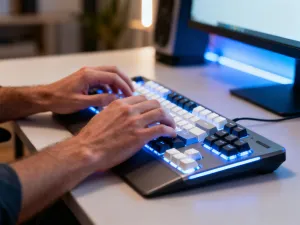 Zirytowany mężczyzna patrzący na ekran laptopa w słabo oświetlonym biurze, ilustrujący problem z brakiem dźwięku w systemie.