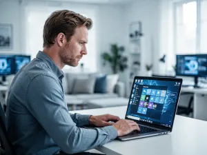 Mężczyzna przy laptopie z otwartym narzędziem do zarządzania dyskami w systemie Windows 11.